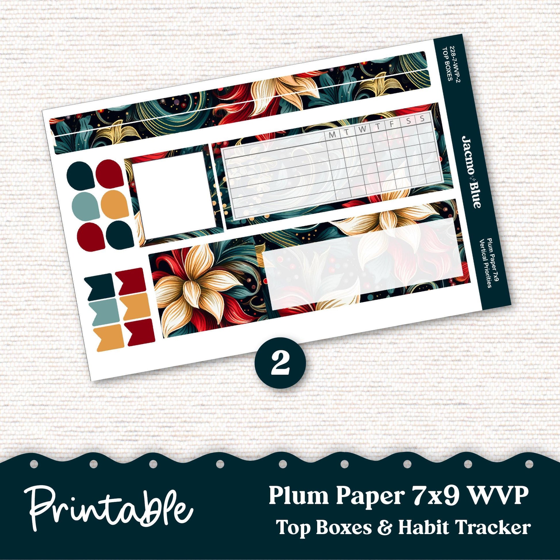 PRINTABLE 7x9 Weekly Vertical Priorities Sticker Kit Plum Paper Silhouette Cricut Transparent PNG Files 228P December Swirls