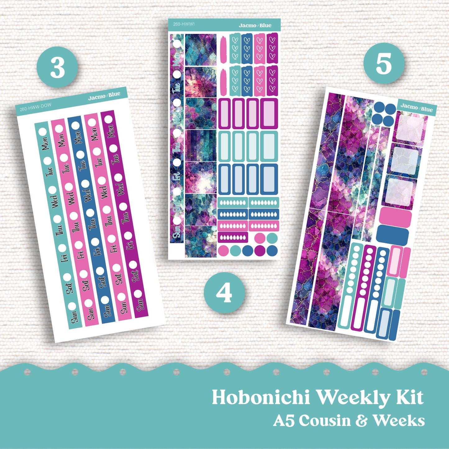 Hobonichi Cousin & Hobonichi Weeks Weekly Planner Sticker Kit 260 Crackle - Sterling Ink Common Planner 1.3" columns