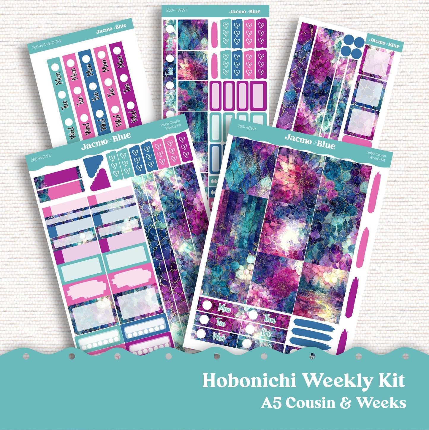 Hobonichi Cousin & Hobonichi Weeks Weekly Planner Sticker Kit 260 Crackle - Sterling Ink Common Planner 1.3" columns